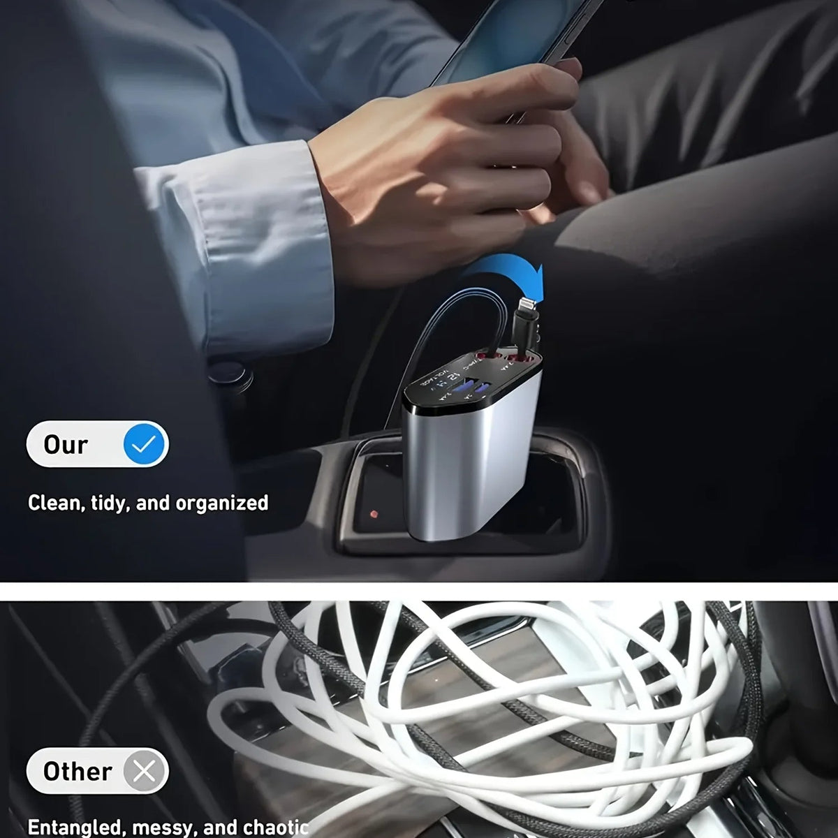 120W Compact Car Charger with Retractable Cables and USB Fast Charging Ports