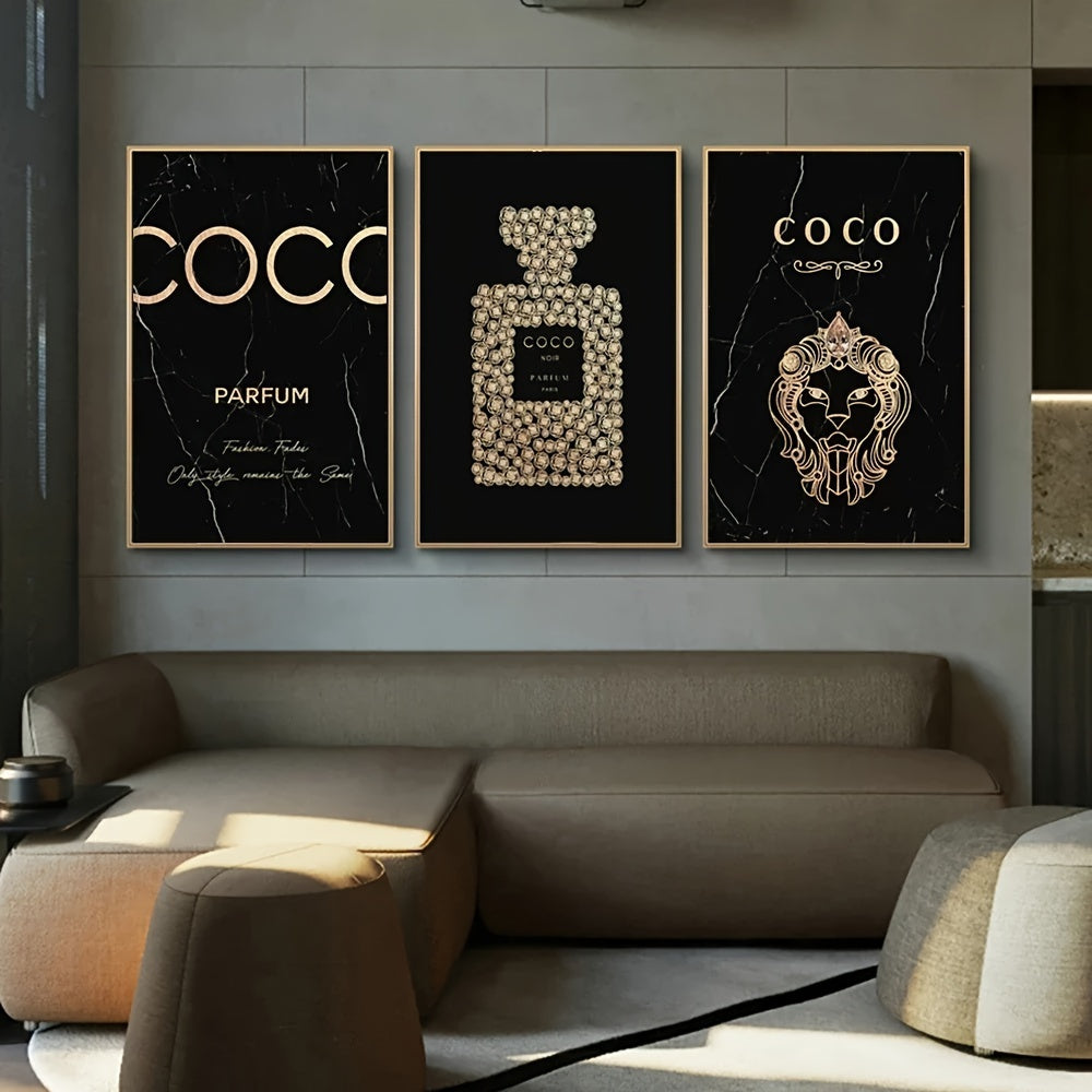 3-Piece Frameless Perfume Bottle Canvas Wall Art Set for Living Room & Bedroom Decor