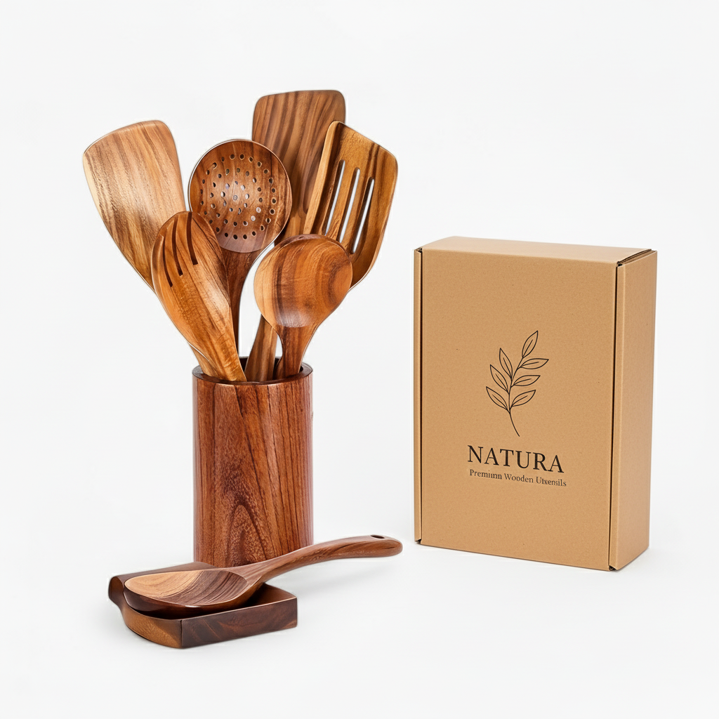 9-Piece Teak Kitchen Utensil Set with Holder