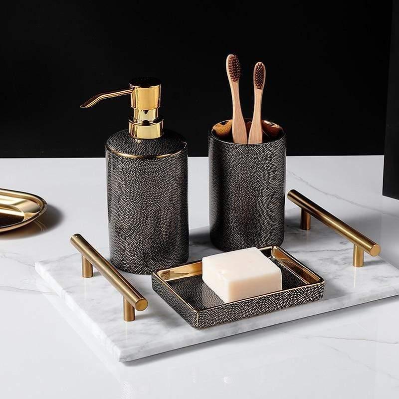 Ceramic Bathroom Accessory Set with Gold Accents