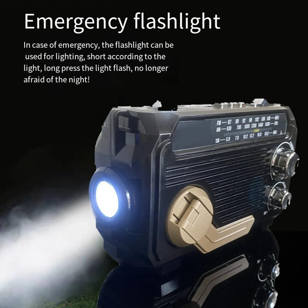 Emergency Radio with Built-in Power Bank – Hand Crank, Solar & USB Charging, AM/FM, LED Flashlight & SOS Alert