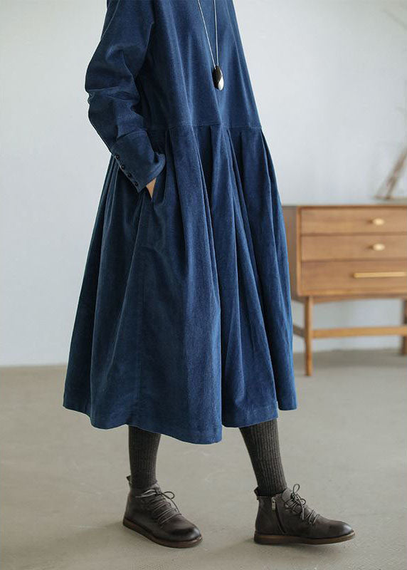 French Blue Button Patchwork Fall Dress with Pockets