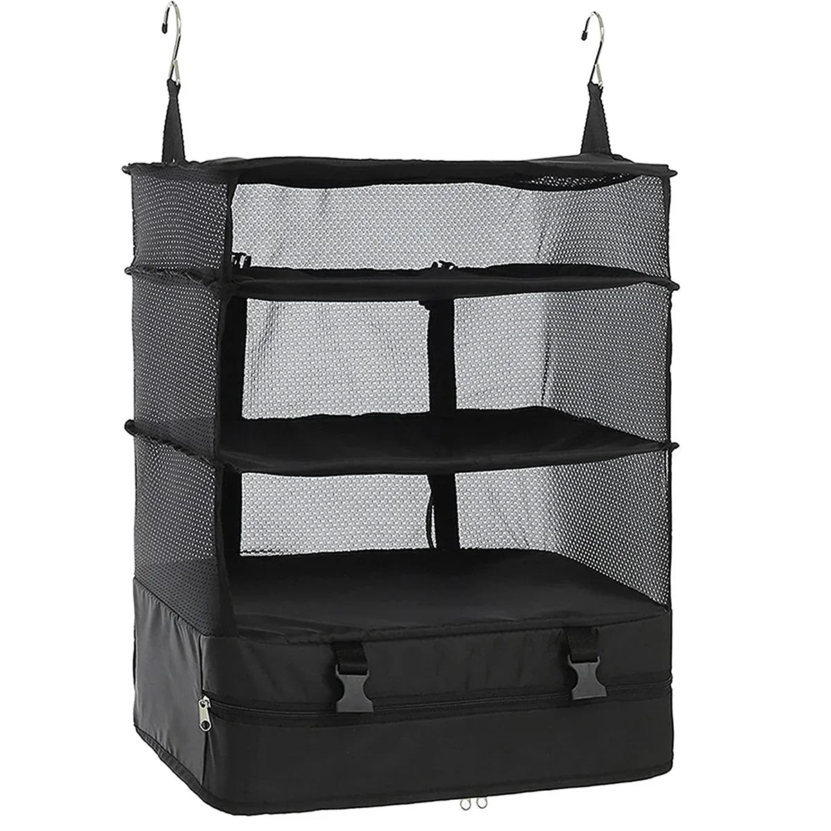 Hanging Luggage Travel Shelf Organizer with 3 Compartments - Collapsible & Water-Repellent - Black
