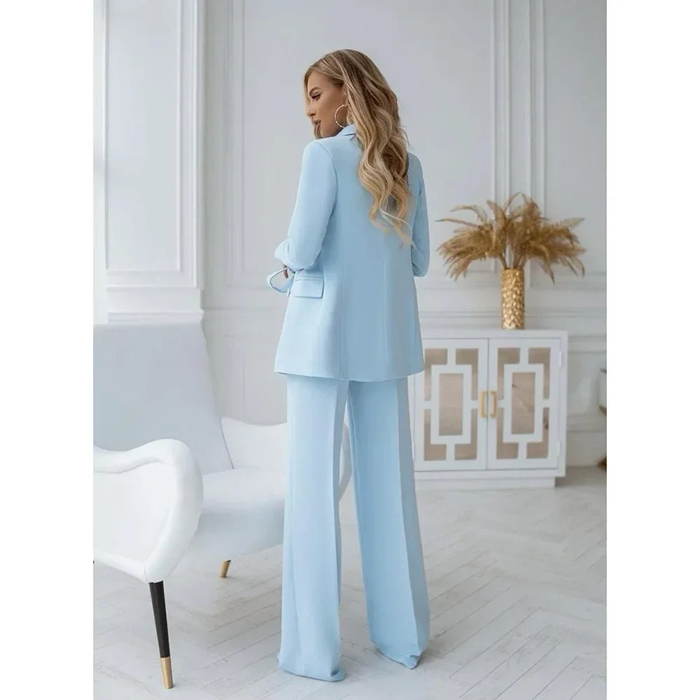 Light Blue Double-Breasted Two-Piece Suit Set