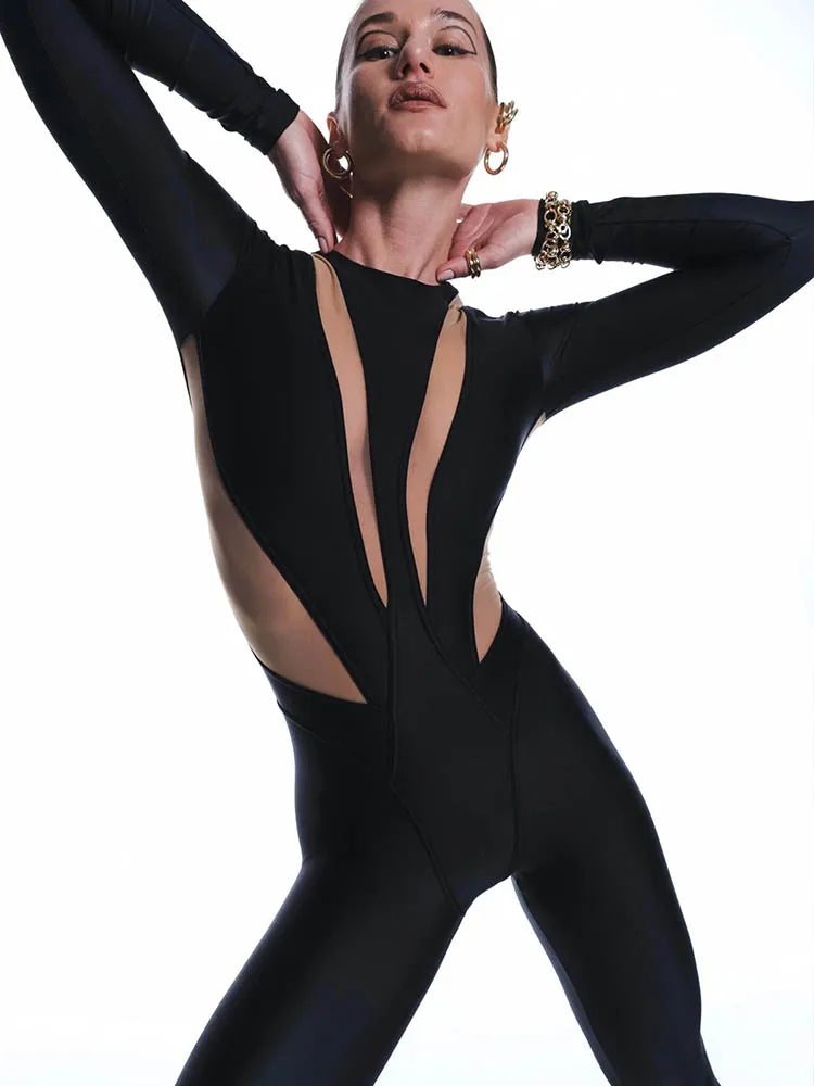 Long-Sleeved Round-Neck Stretch Jumpsuit