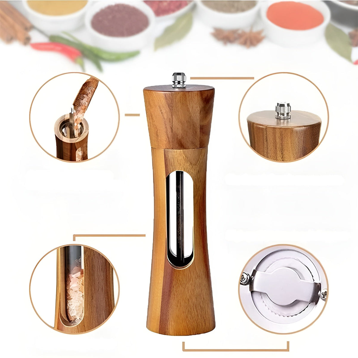 Manual Salt and Pepper Mill Set – Wooden Design with Acrylic Window and Adjustable Grind Levels