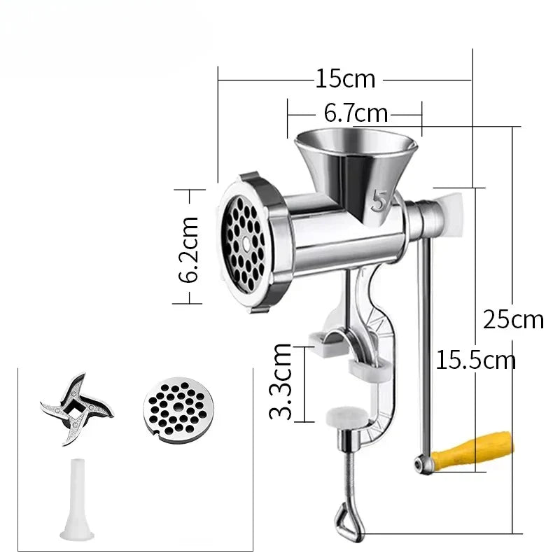 Manual Stainless Steel Meat Grinder with Table Clamp for Meat, Vegetables & Sausage Stuffing - 20×15 cm