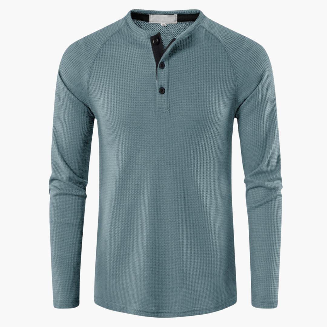 Men's Long-Sleeve Henley T-Shirt with Button Placket and Natural Texture
