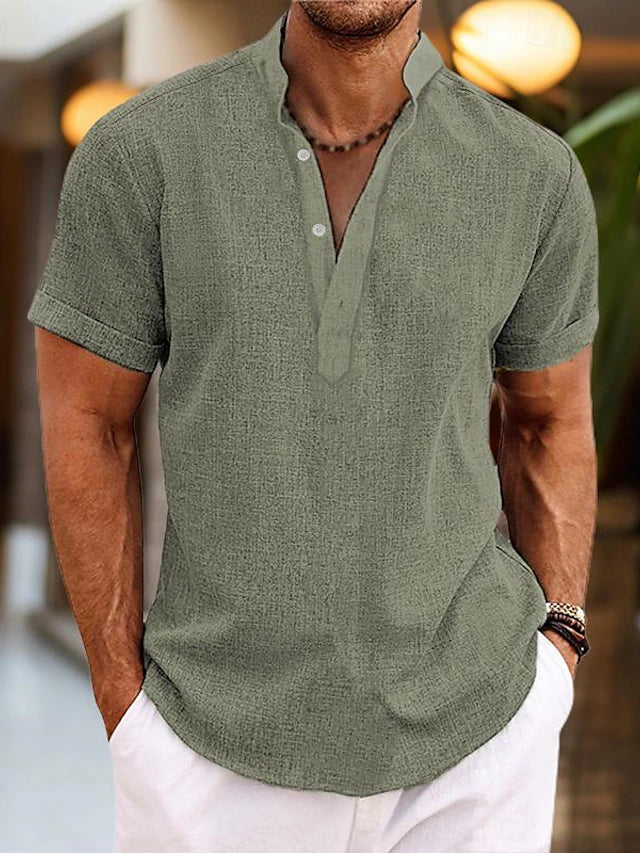Men's Short-Sleeve Shirt with V-Neck Collar