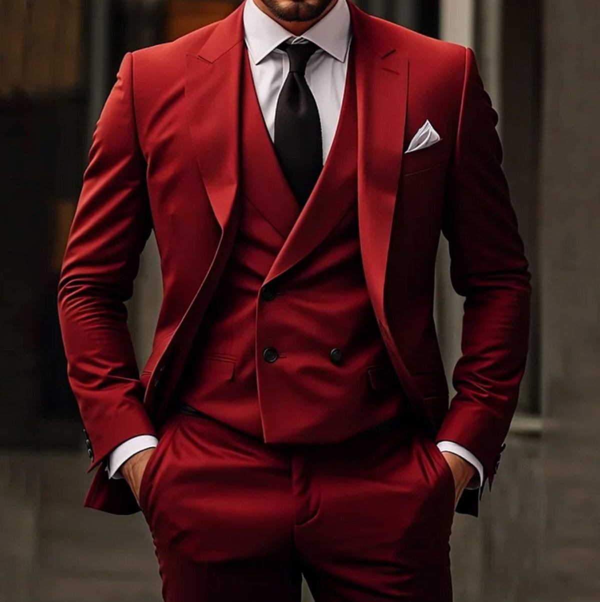 Men's Slim Fit Three-Piece Suit Set with Tailored Jacket, Vest, and Trousers