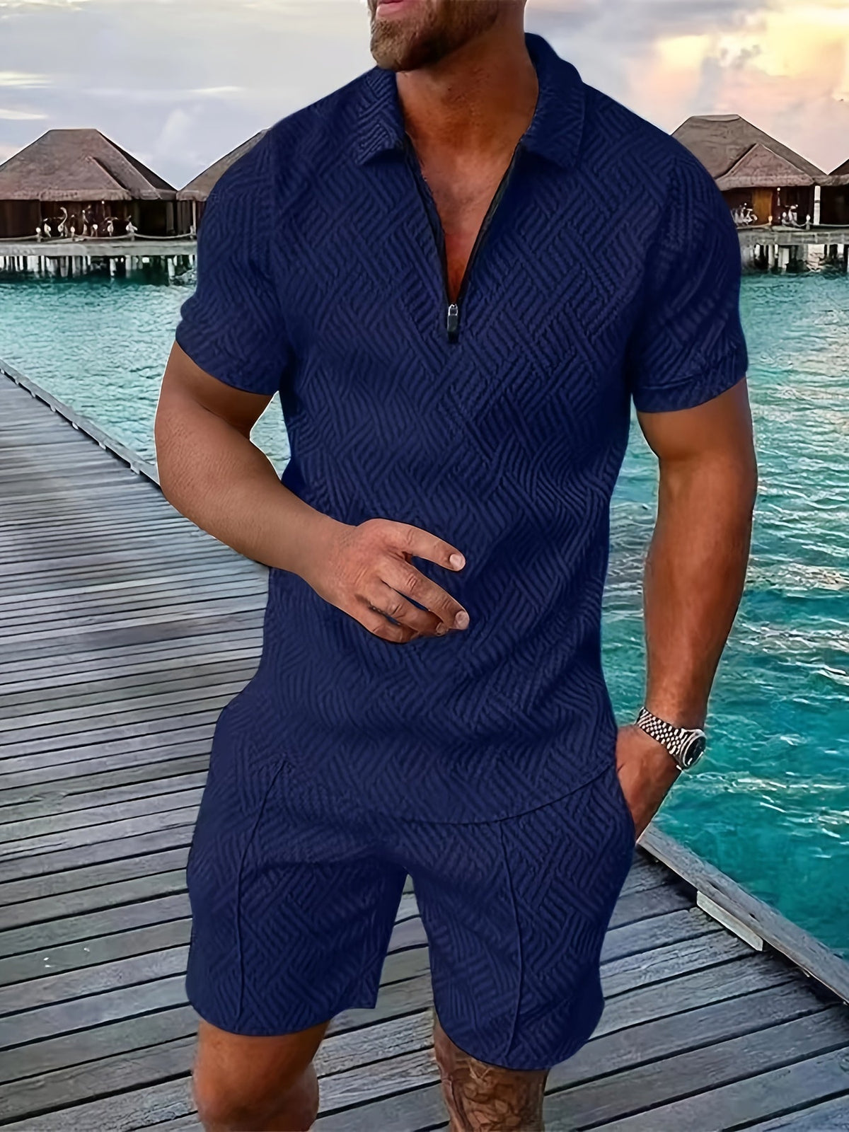 Men's Textured Quarter-Zip Polo and Shorts Set