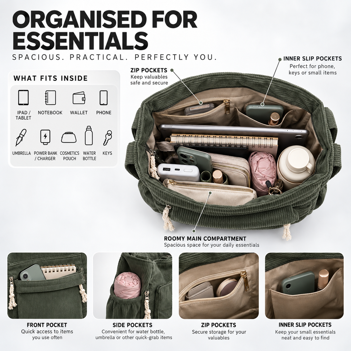 Multi-Pocket Shoulder Tote Bag