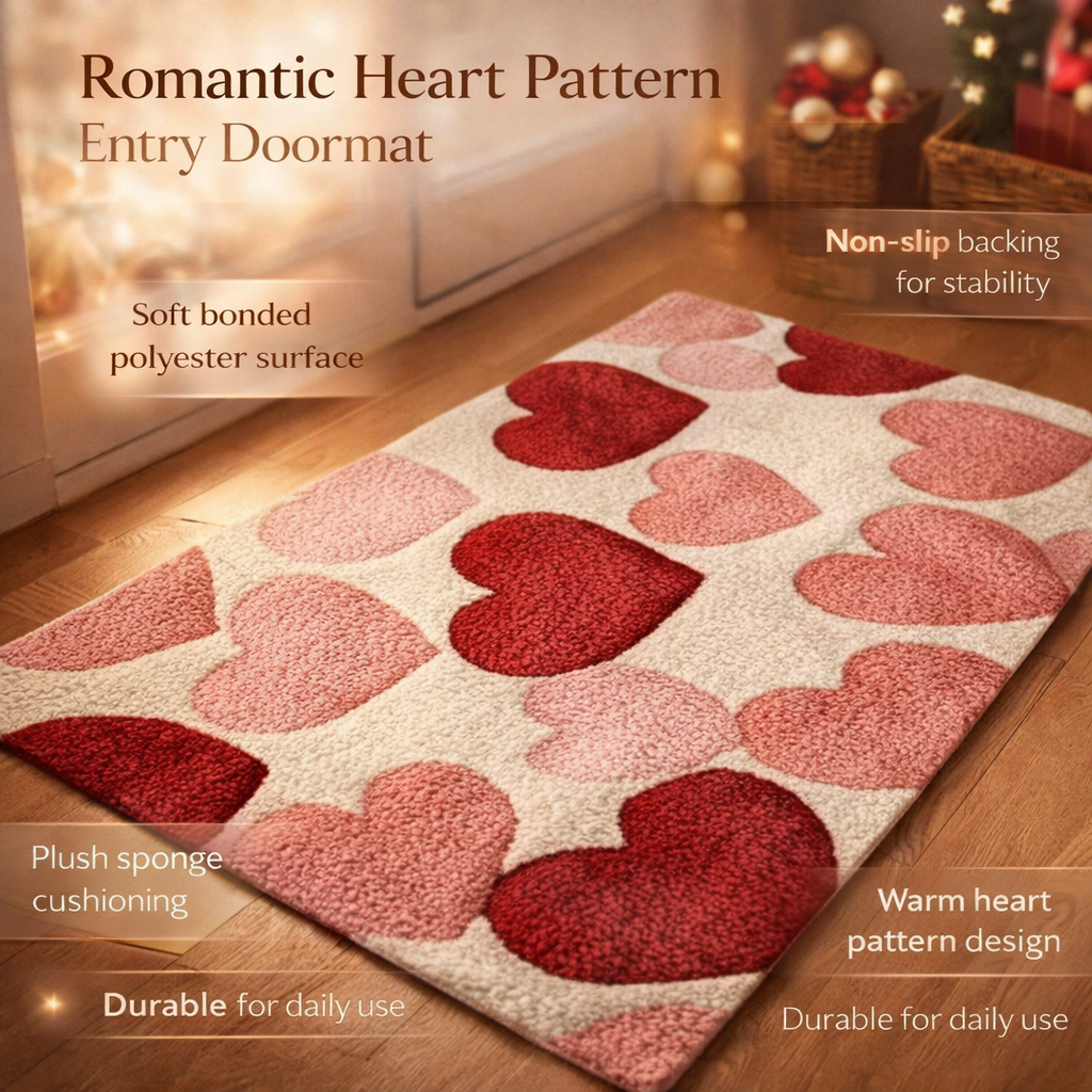 Non-Slip Polyester Entryway Doormat with Heart Pattern