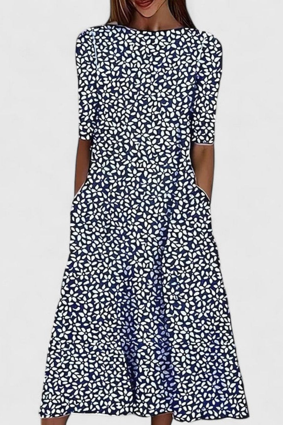 Short-Sleeve Round Neck A-Line Midi Dress with Pockets