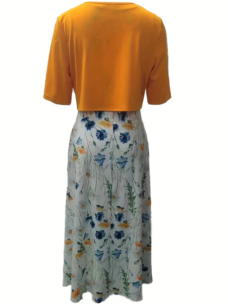 Two-Piece Floral Dress Set with Solid Crop Top and Round-Neck Dress