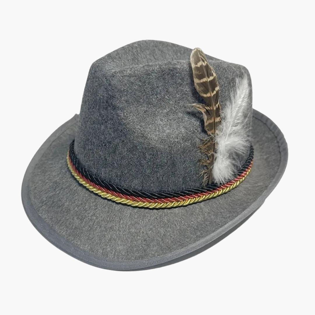 Unisex Bavarian Hat with Feather and Braided Cord