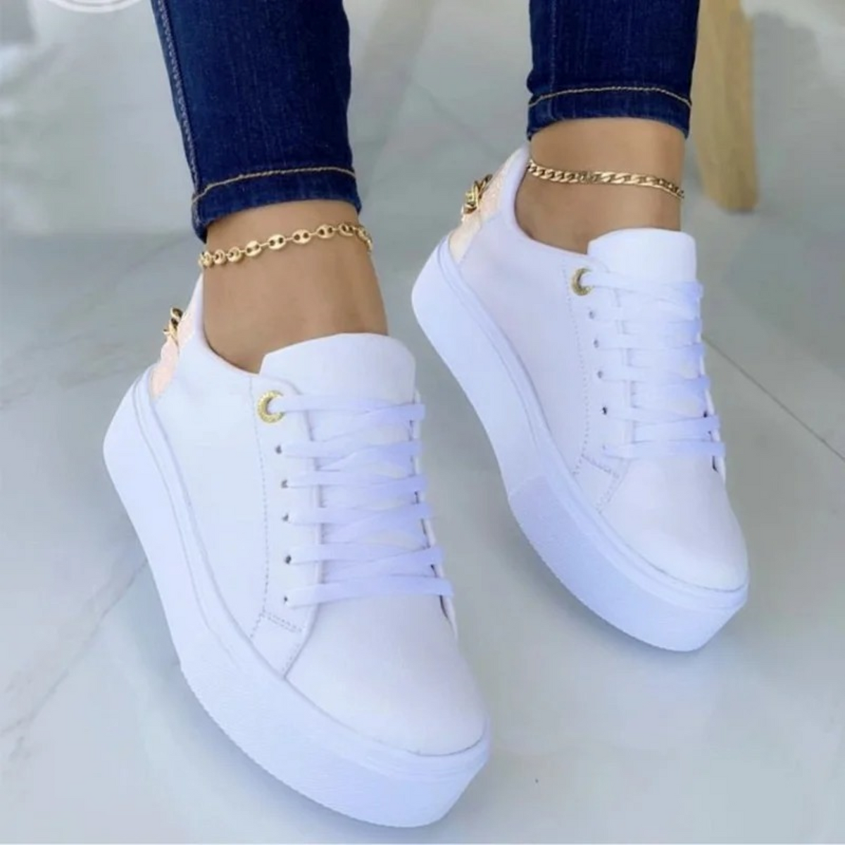 White Sneakers with Metallic Chain