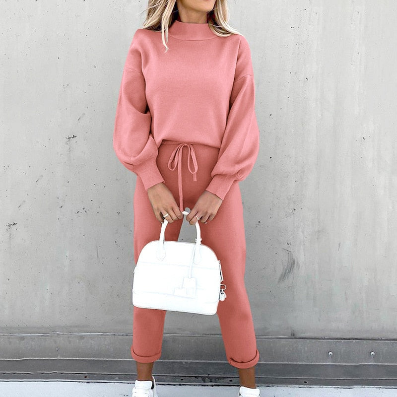 Women's 2-Piece Loungewear Set with Balloon Sleeves and Adjustable Waist
