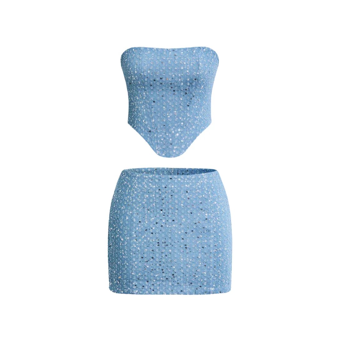 Women's Blue Sequin Strapless Bodycon Party Mini Dress