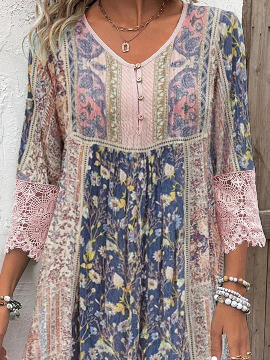 Women's Bohemian Floral-Trim V-Neck Tunic Dress