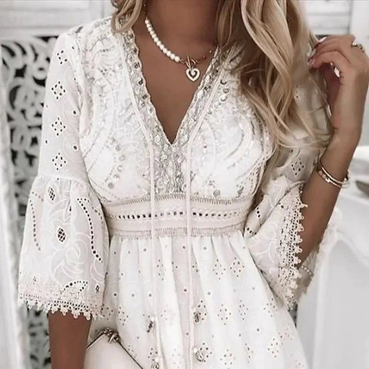 Women's Boho Eyelet V-Neck Mini Dress with Bell Sleeves