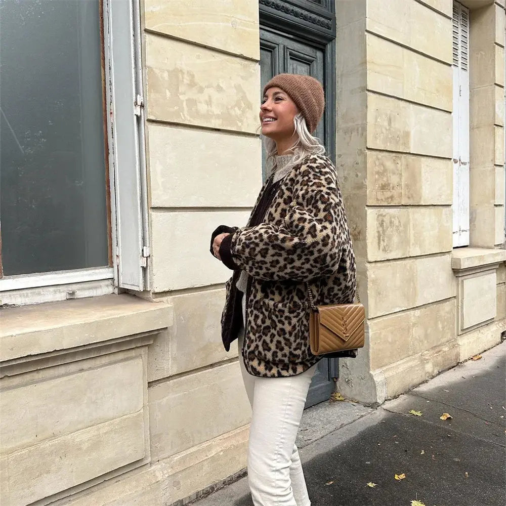 Women's Leopard Print Button-Up Jacket with Round Neck
