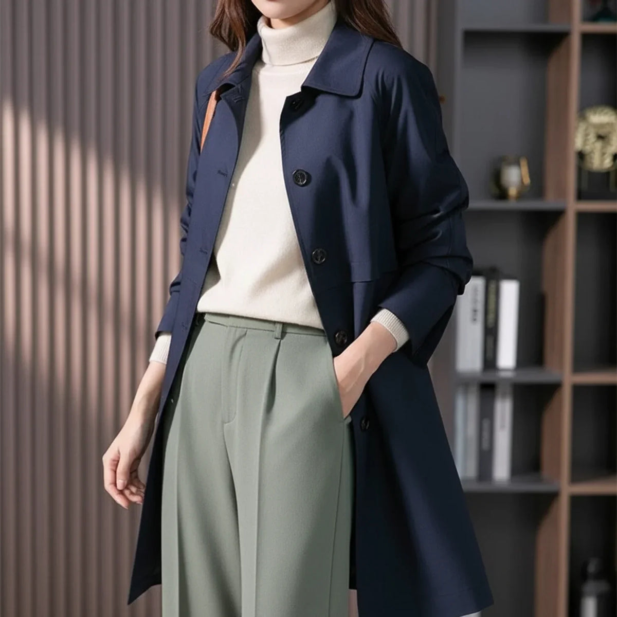 Women's Long Button-Front Trench Coat