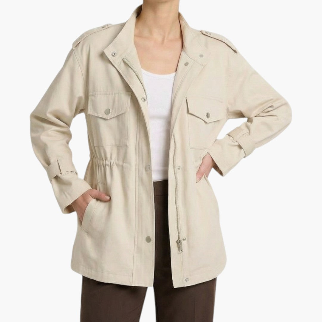 Women's Long Coat with Crossover Closure and Adjustable Belt
