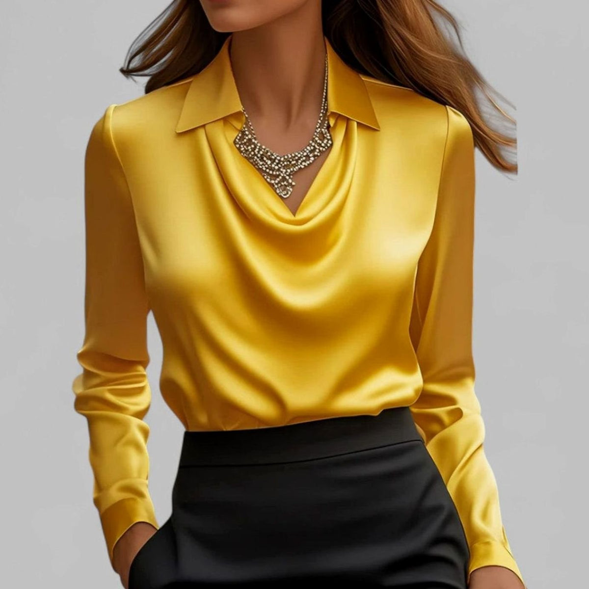 Women's Long-Sleeve Draped-Neck Collared Blouse