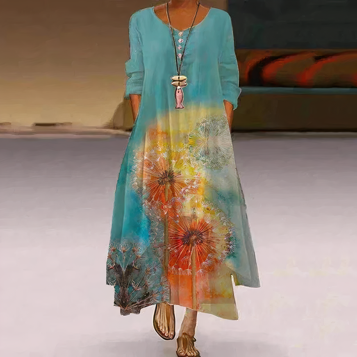Women's Long-Sleeve Midi Dress with Asymmetric Hem