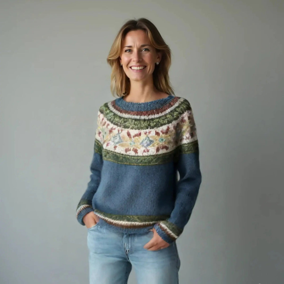 Women's Multicolour Nordic Jumper with Boat Neck in Relaxed Fit