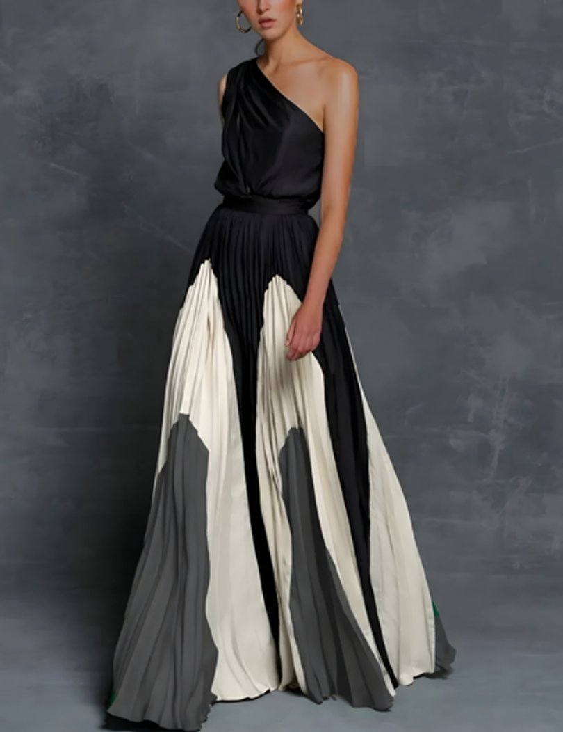 Women's One-Shoulder Pleated Color-Block A-Line Maxi Gown