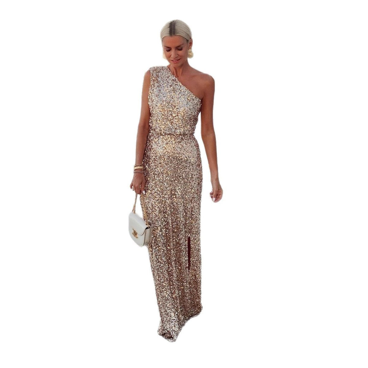Women's One-Shoulder Sequin Maxi Cocktail Dress with Side Slit