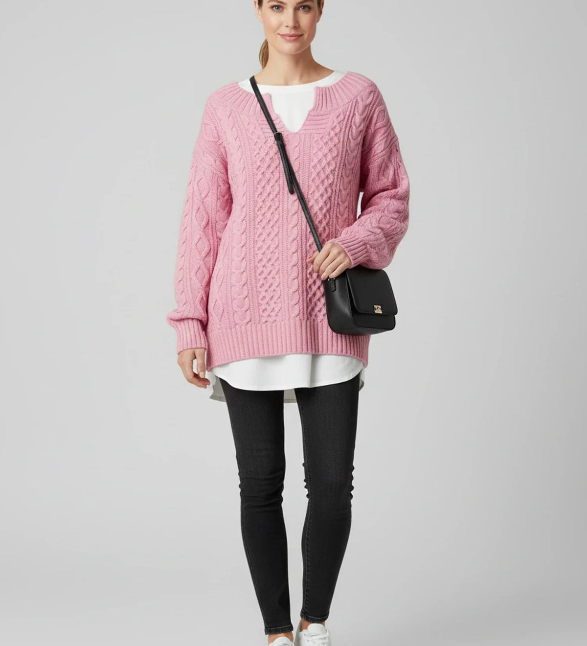 Women's Oversized Cable V-Neck Sweater