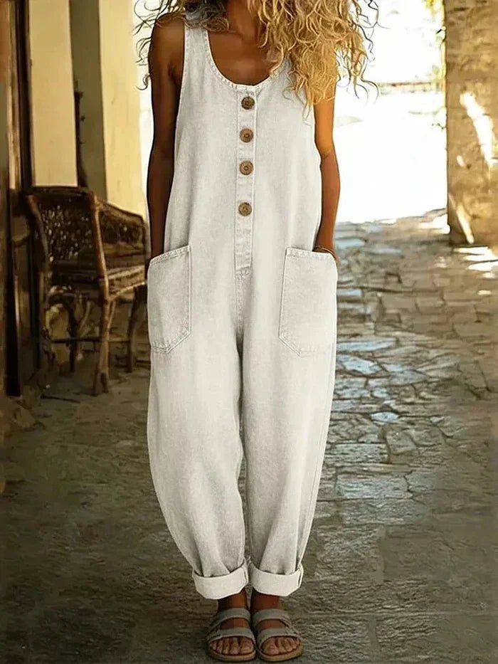 Women's Sleeveless Loose Fit Button-Front Overalls