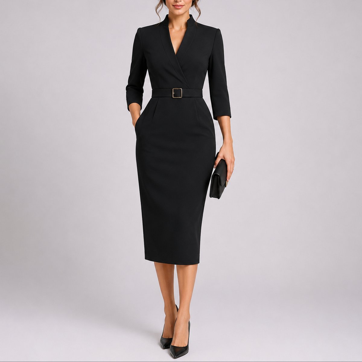 Women's V-Neck Belted Bodycon Midi Fall Wedding Guest Dress