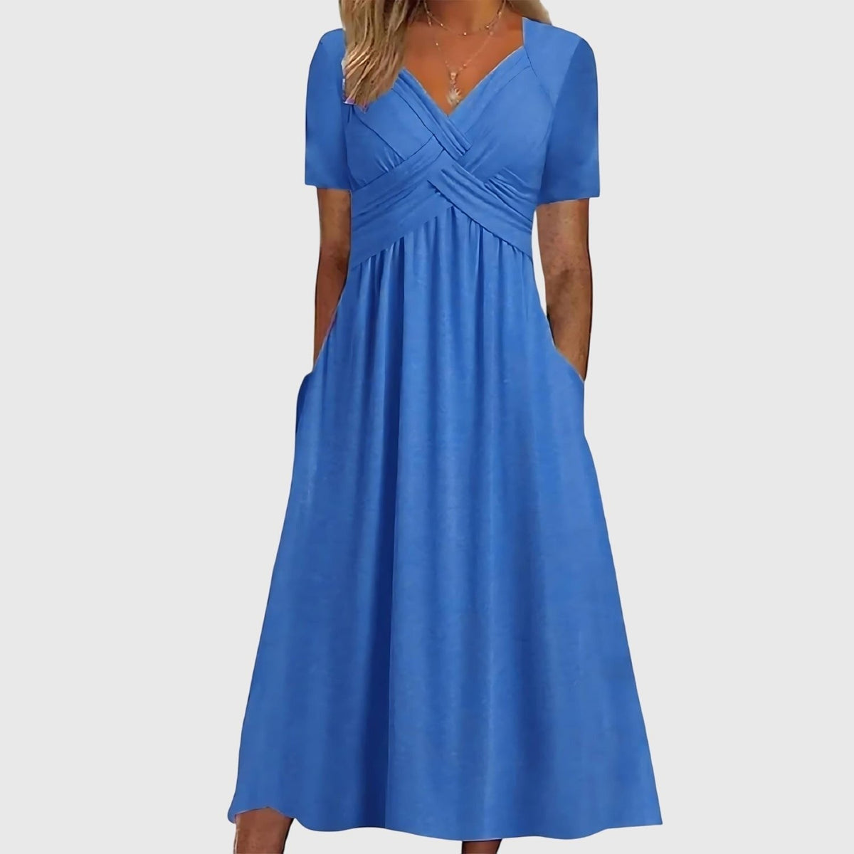 Women's V-Neck Cross-Ruched A-Line Midi Dress with Pockets