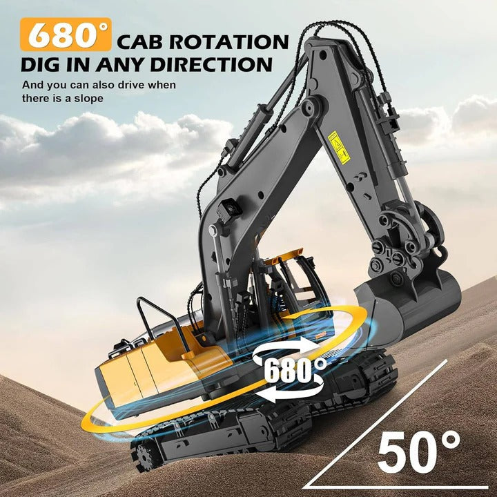 1:20 Scale All-Terrain Remote-Controlled Excavator Toy with Metal Attachments