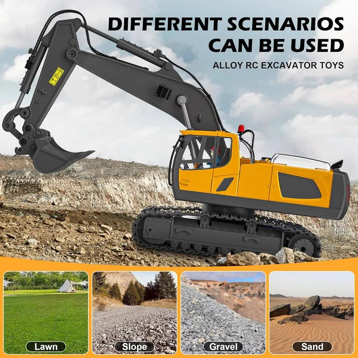 1:20 Scale All-Terrain Remote-Controlled Excavator Toy with Metal Attachments