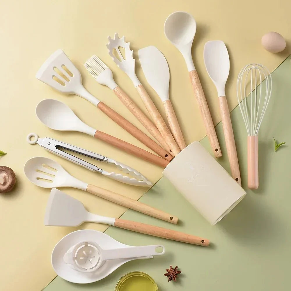 14-Piece Silicone Kitchen Utensil Set with Wooden Handles