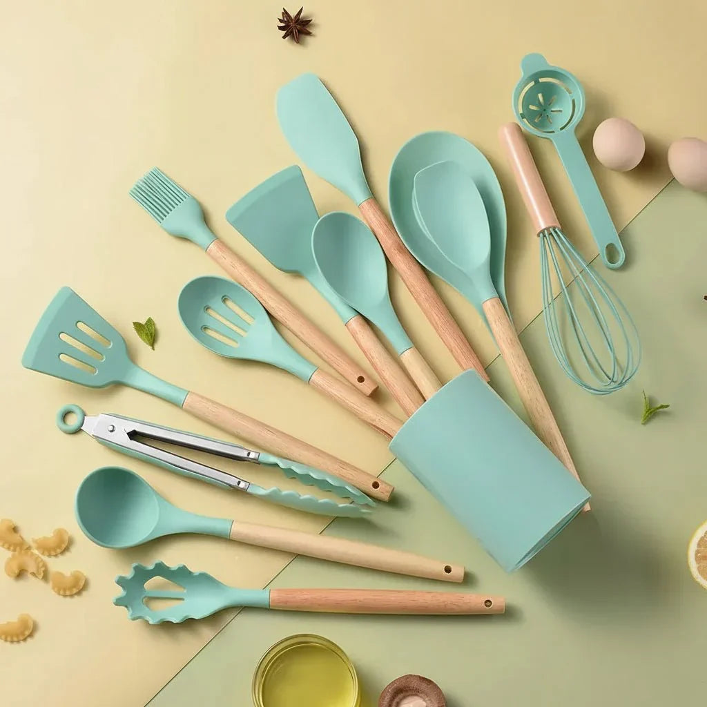 14-Piece Silicone Kitchen Utensil Set with Wooden Handles