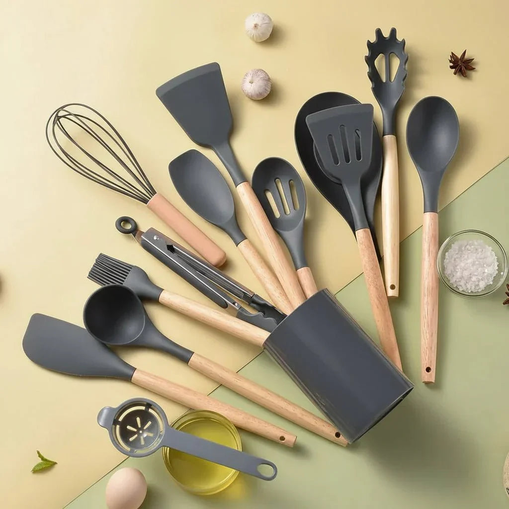14-Piece Silicone Kitchen Utensil Set with Wooden Handles