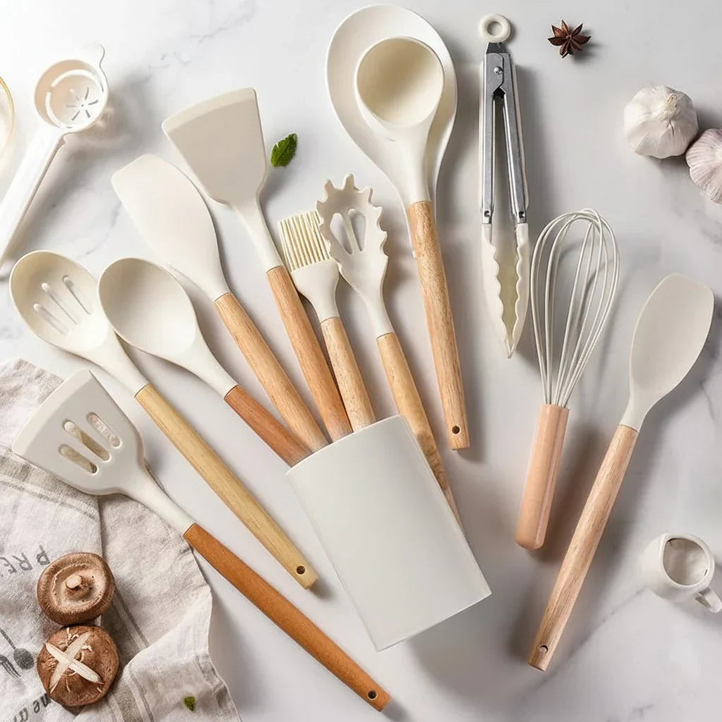 14-Piece Silicone Kitchen Utensil Set with Wooden Handles