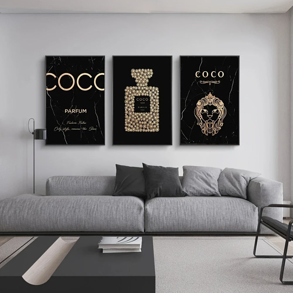 3-Piece Frameless Perfume Bottle Canvas Wall Art Set for Living Room & Bedroom Decor