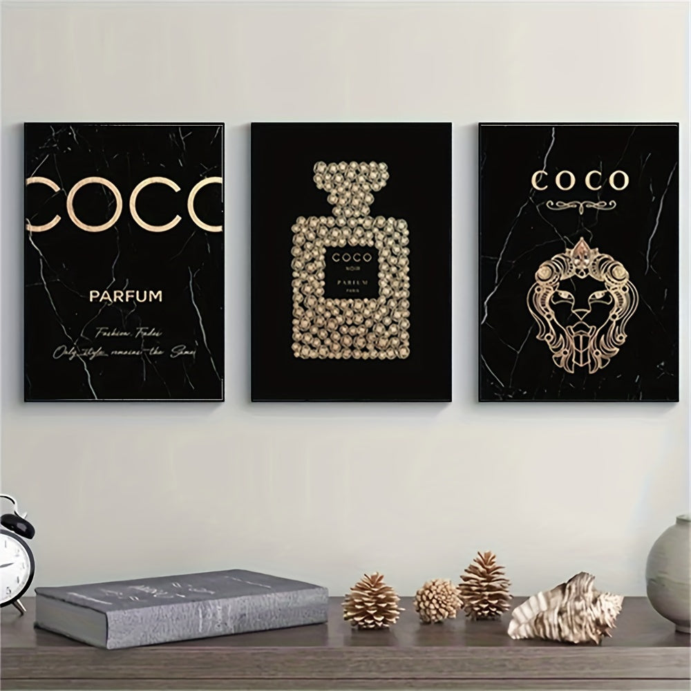 3-Piece Frameless Perfume Bottle Canvas Wall Art Set for Living Room & Bedroom Decor