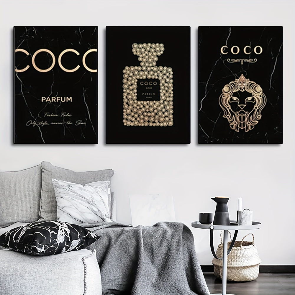 3-Piece Frameless Perfume Bottle Canvas Wall Art Set for Living Room & Bedroom Decor
