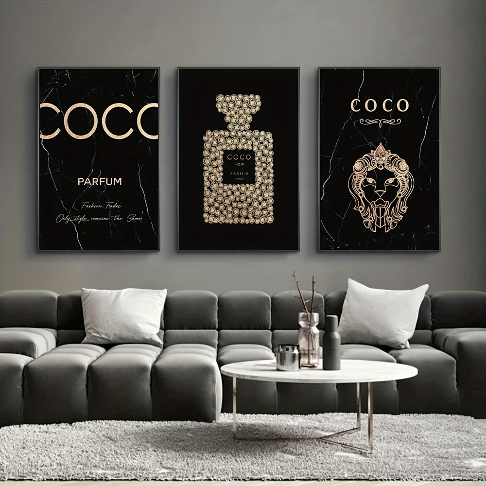3-Piece Frameless Perfume Bottle Canvas Wall Art Set for Living Room & Bedroom Decor
