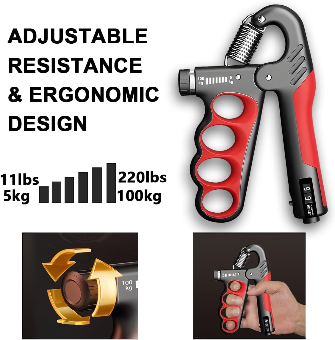Adjustable Hand Grip Strengthener | 5–100 kg Resistance | Rep Counter | Non-Slip Handles