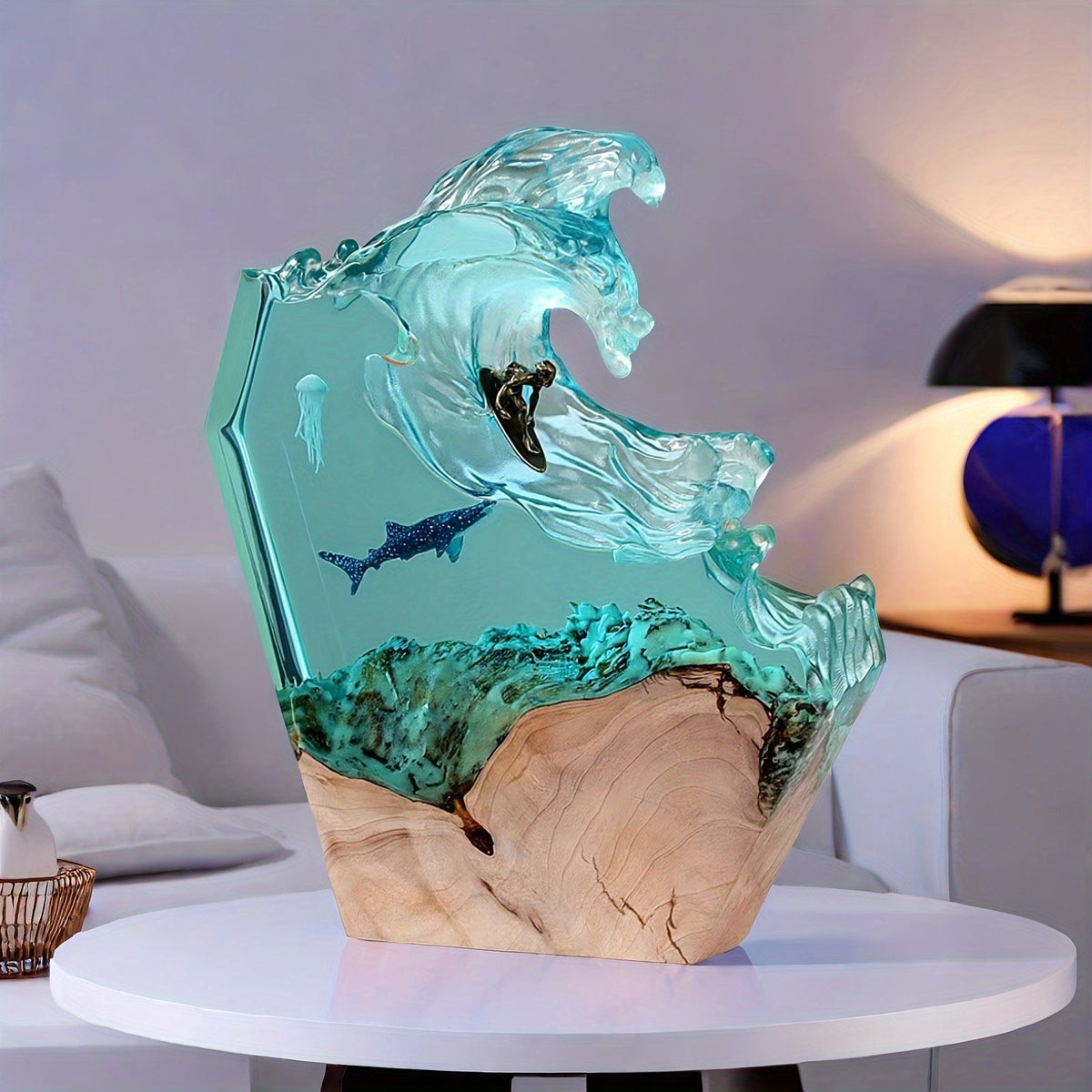 Artistic Ocean-Themed Carved Resin Decorative Lamp, Dimmable and Multicolour, for Interior Decor