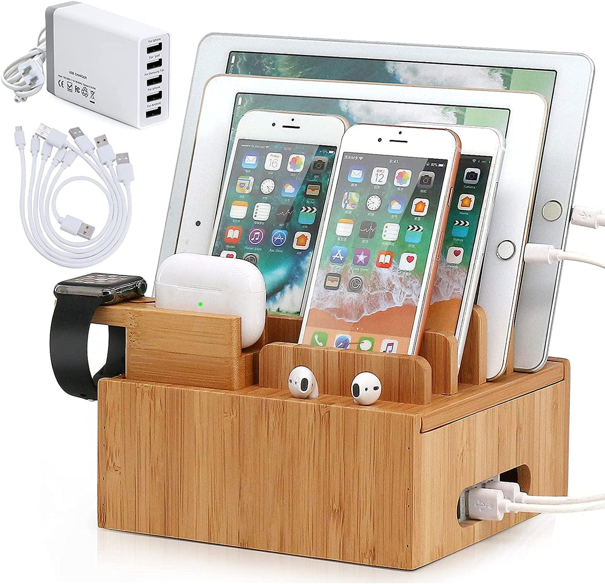 Bamboo Charging Station and Organizer with 5-Port USB for Smartphones, Tablets and Smartwatches - Includes Cable Set